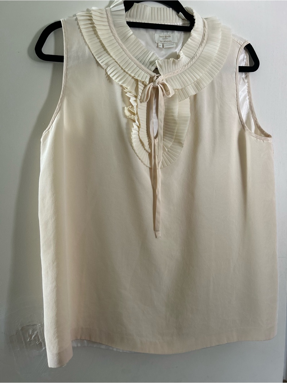 kate spade Cream Pleated Ruffle Tie-Neck Sleeveless Blouse